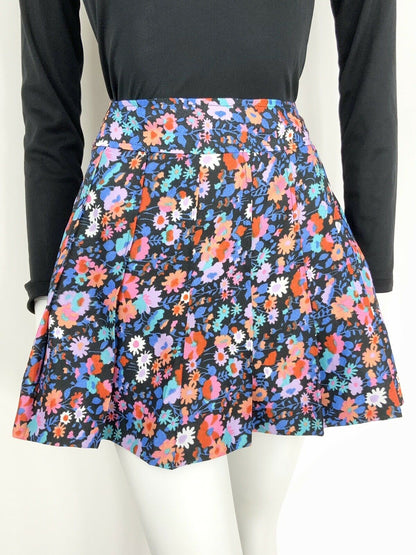 VINTAGE 60s 70s BLACK BLUE PURPLE PINK RED FLORAL KICK PLEAT SHORT SKIRT 6 8