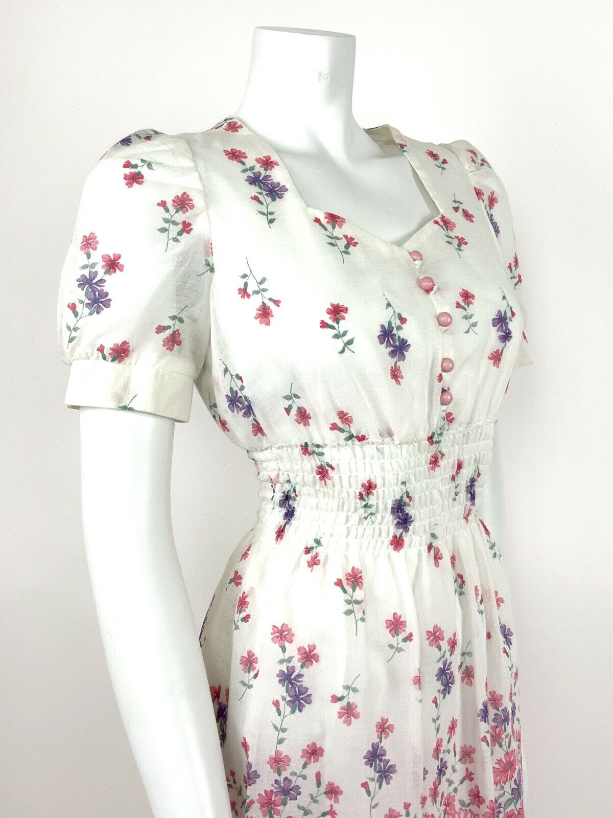 VINTAGE 60s 70s COTTON SUMMER DRESS FLORAL WHITE PINK PURPLE SWEETHEART 8 10