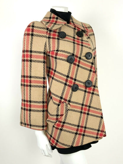 VINTAGE 60s 70s BEIGE BLACK RED PLAID CHECKERED SWING COAT 8 10