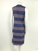 VINTAGE 60s 70s BLUE WHITE RED GEOMETRIC STRIPED MOD DRESS 12 14