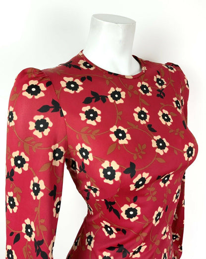 VINTAGE 60s 70s RED BLACK BEIGE FLORAL BOHO FOLK BETTY BARCLAY DRESS 10 12