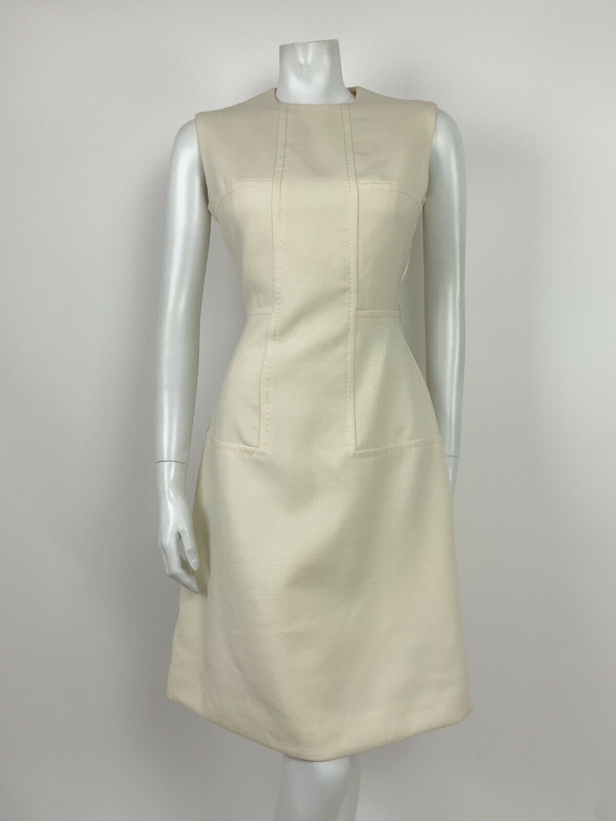 VINTAGE 60s 70s MOD CREAM WOOL SLEEVELESS WIGGLE FITTED DRESS 12