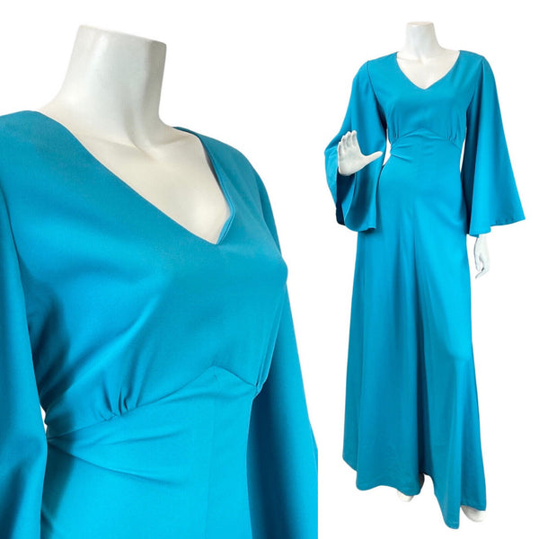 VINTAGE 60s 70s BRIGHT BLUE FLARED SLEEVE ELEGANT GOWN MAXI DRESS 8 10