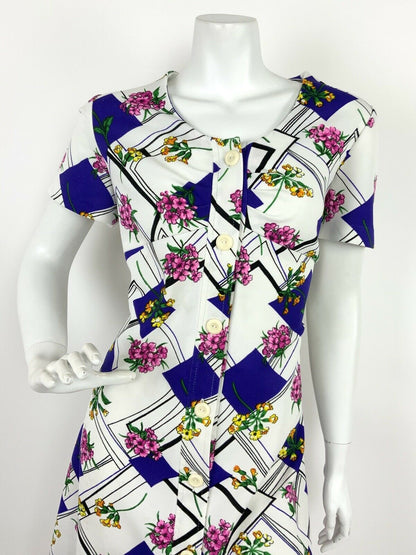 VINTAGE 60s 70s WHITE BLACK PURPLE PINK STRIPED GEOMETRIC FLORAL DRESS 16 18