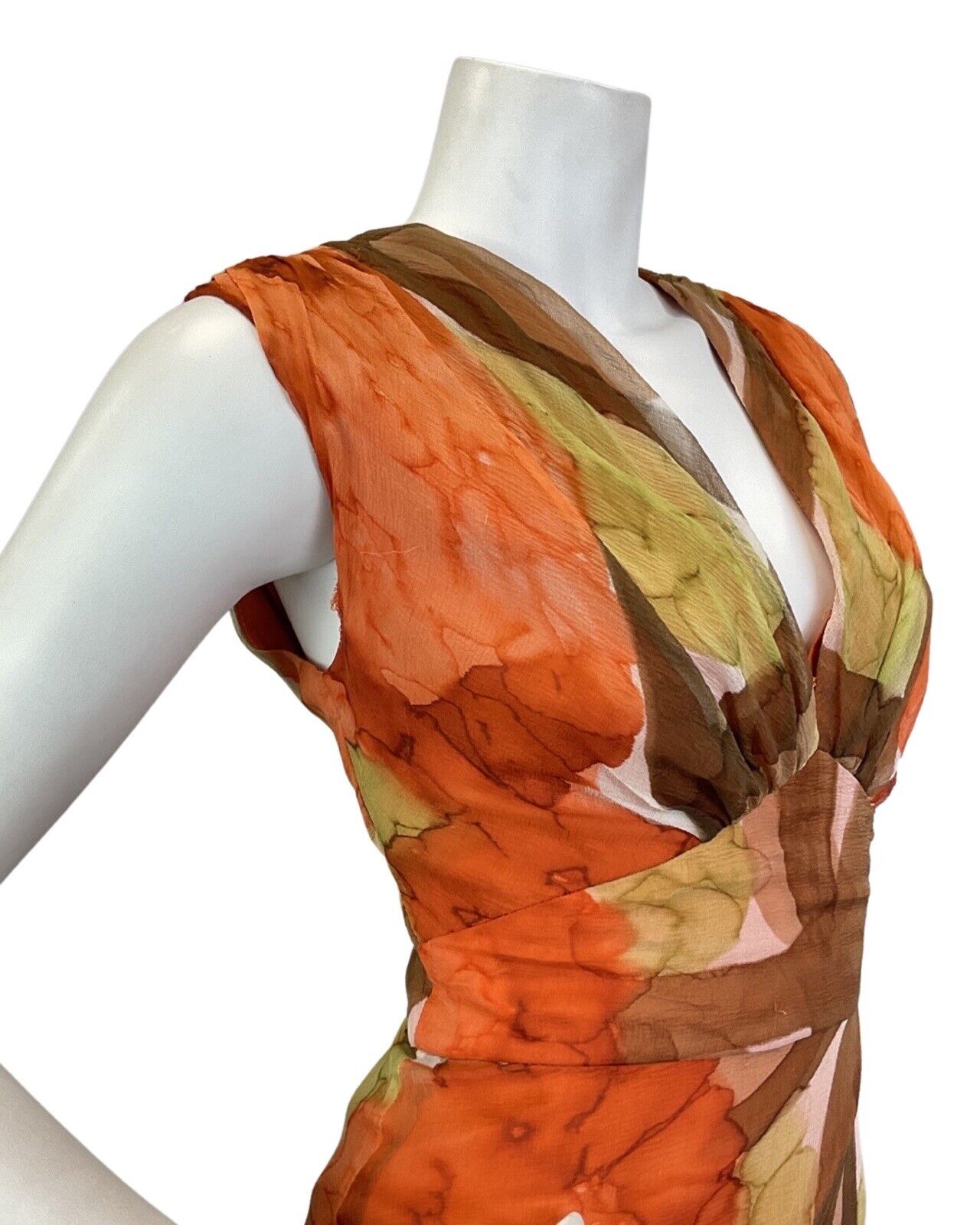 VINTAGE 60s 70s ORANGE BROWN GREEN PSYCHEDELIC ABSTRACT SUMMER MAXI DRESS 10