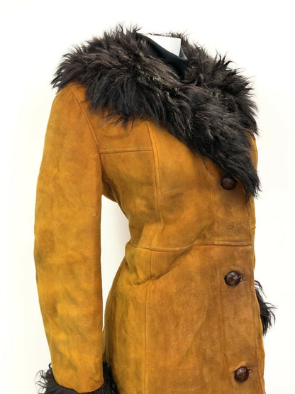 VTG 60s 70s ORANGE BLACK SUEDE LEATHER SHEARLING PENNY LANE MOD BOHO COAT 14 16