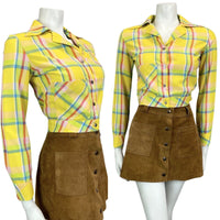 VTG 60s 70s YELLOW RED BLUE CHECKED WESTERN DAGGAR COLLAR CROPPED SHIRT 10 12