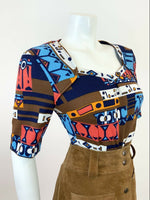 VINTAGE 60s 70s BROWN BLUE RED WHITE GEOMETRIC AZTEC MOD BLOUSE TOP 14 16