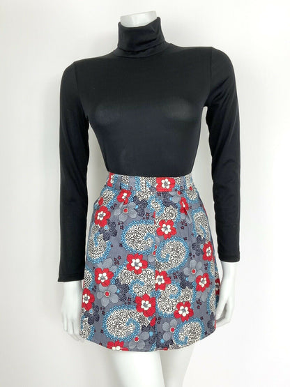 VINTAGE 60s 70s NAVY BLUE WHITE RED PSYCHEDELIC FLORAL MINI SKIRT 10