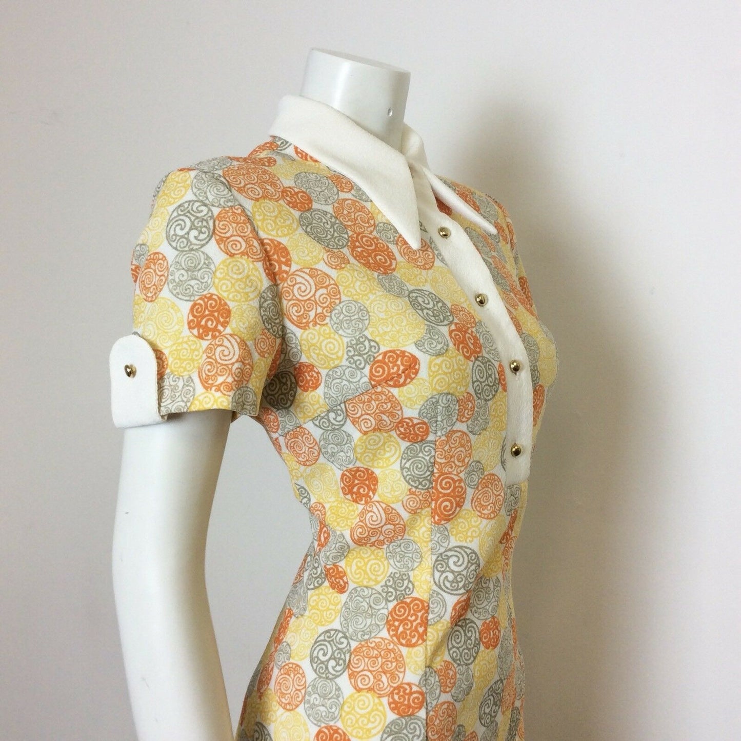 VTG 70S ORANGE YELLOW WHITE GREY SWIRL JAPANESE SHIRT DRESS 10 12