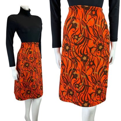 VINTAGE 60s 70s ORANGE BROWN GOLD PSYCHEDELIC SWIRL FLORAL MOD MIDI SKIRT 12