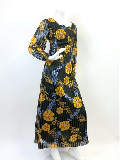 VTG 60s 70s BLACK BLUE YELLOW FLORAL PSYCHE STRIPED SHEER MOD MAXI DRESS 12 14