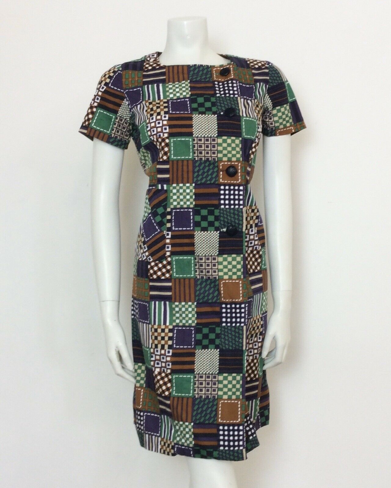 VINTAGE 60S NAVY GREEN WHITE BROWN CHECKERED COTTON MINI DRESS 12