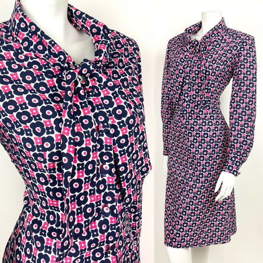 VTG 60s 70s WHITE BLUE PINK MOD FLOWER DAISY BOW SHIRT BOW TIE NECK DRESS 12 14