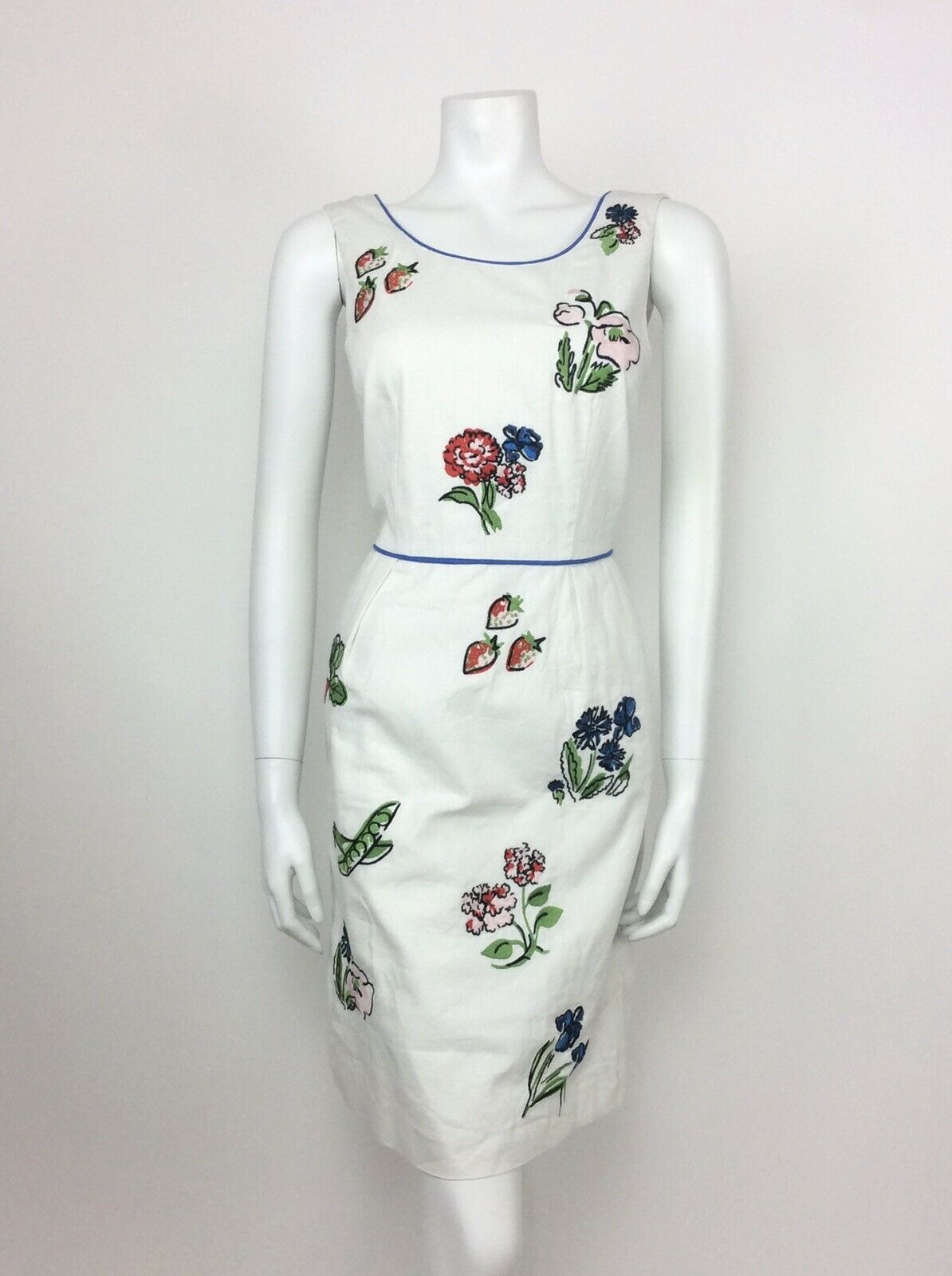 VTG 60s 70s WHITE COTTON FRUIT FLORAL RED BLUE GREEN SUMMER DRESS 10