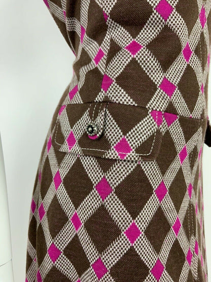 VTG 60s 70s MOD BROWN WHITE PINK DIAMOND CHECKERED GEOMETRIC DRESS 10 12