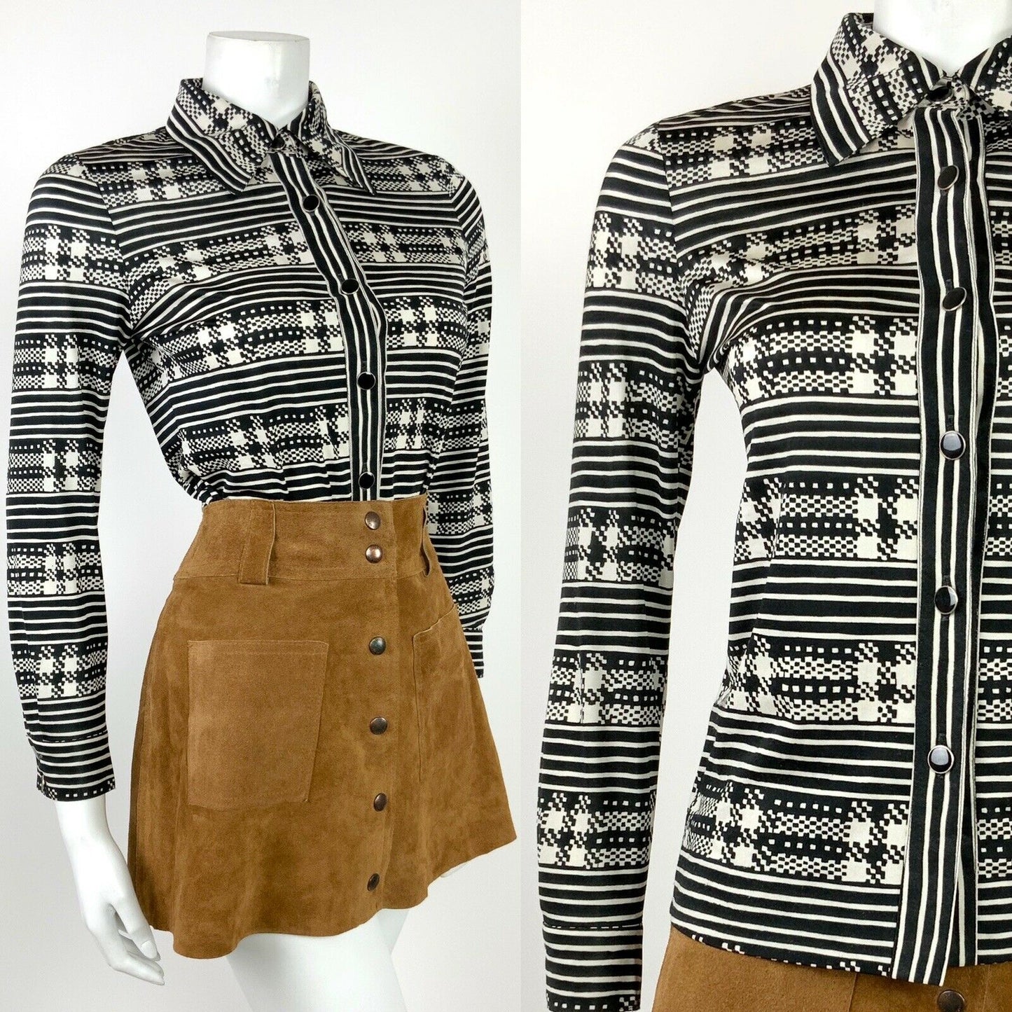 VINTAGE 60s 70s BLACK WHITE STRIPED CHECKERBOARD GEOMETRIC MOD HIPPY SHIRT 8 10