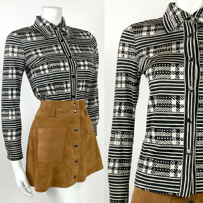 VINTAGE 60s 70s BLACK WHITE STRIPED CHECKERBOARD GEOMETRIC MOD HIPPY SHIRT 8 10