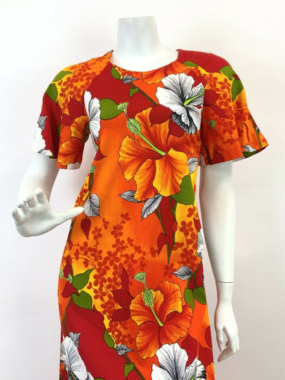 VTG 60s 70s ORANGE RED YELLOW HAWAIIAN FLORAL HIBISCUS SHIFT MAXI DRESS 10 12