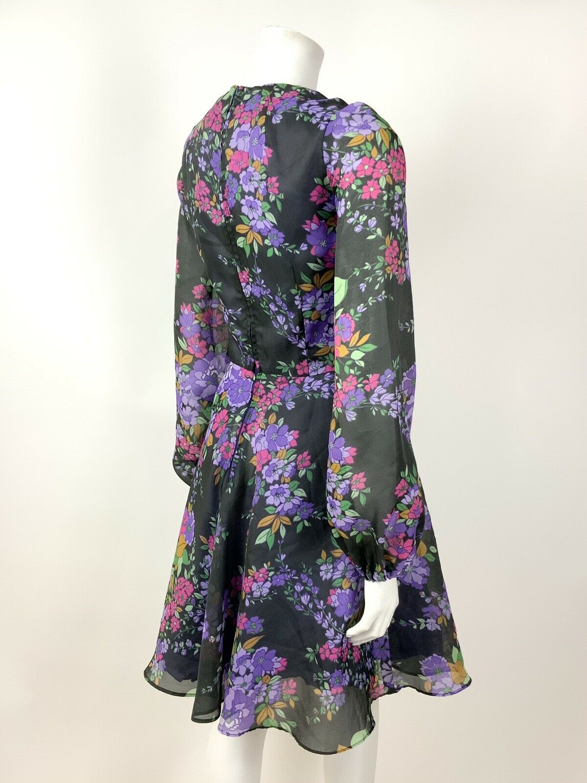 VINTAGE 60s 70s BLACK PURPLE PINK GREEN FLORAL SHEER FLOATY SWEETHEART DRESS 6 8