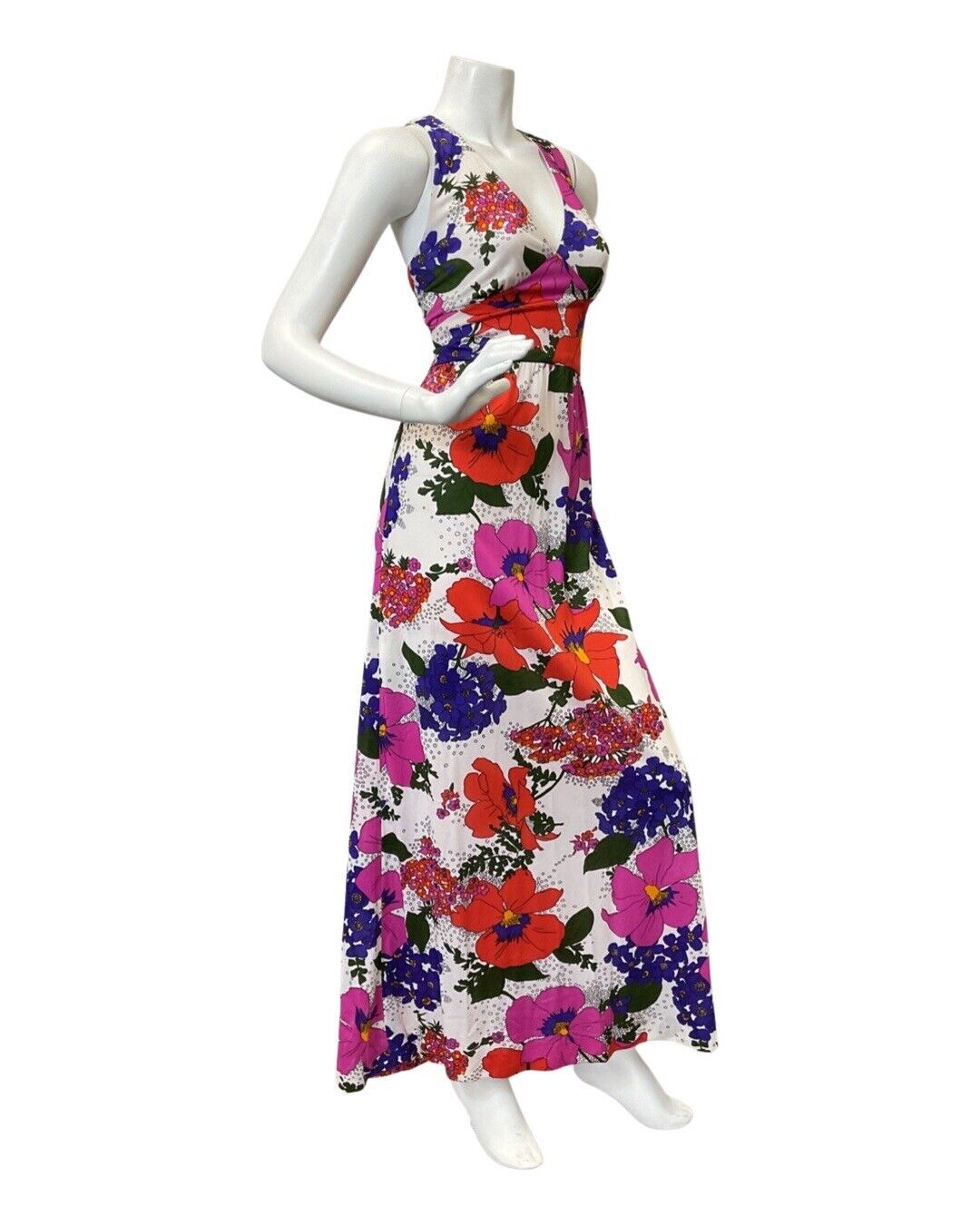 VINTAGE 60s 70s WHITE RED PURPLE FLORAL POPPY SLEEVELESS MAXI DRESS 10 12