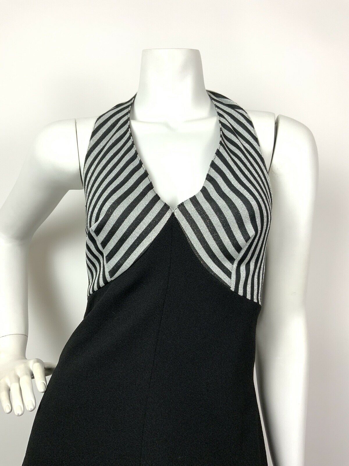 VINTAGE 60s 70s SILVER METALLIC BLACK STRIPED HALTER STUDIO 54 GLAM MAXI DRESS 6