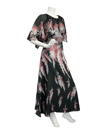 VINTAGE 60s 70s BLACK WHITE RED FLORAL LEAFY SHEER BOHO FOLK MAXI DRESS 8 10