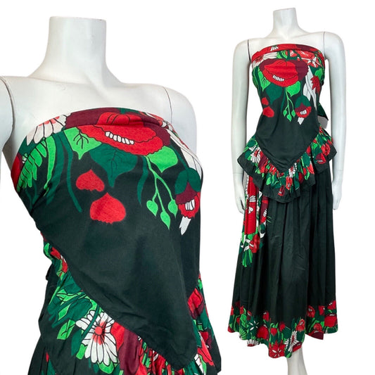 VTG 70s BLACK RED GREEN FLORAL SHAWL MAXI SKIRT BOHO PRAIRIE TWO-PIECE 8 10