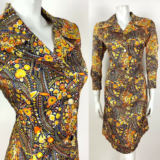 VINTAGE 60s 70s YELLOW ORANGE WHITE BLUE PSYCHEDELIC FLORAL SHIRT DRESS 12 14