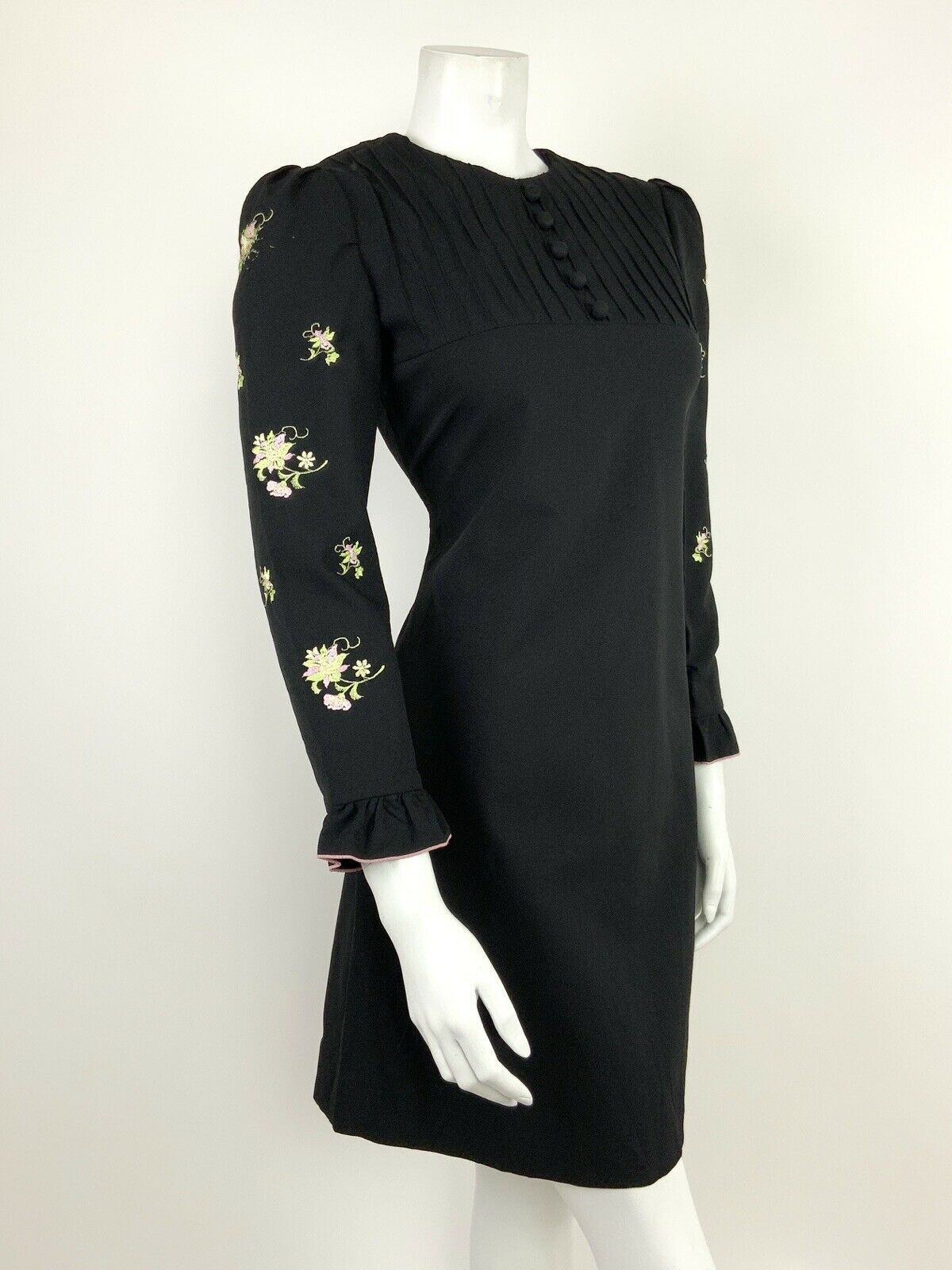 VINTAGE 60s 70s BLACK PINK LIME MINT GREEN FLORAL EMBROIDERY RUFFLE DRESS 8 10