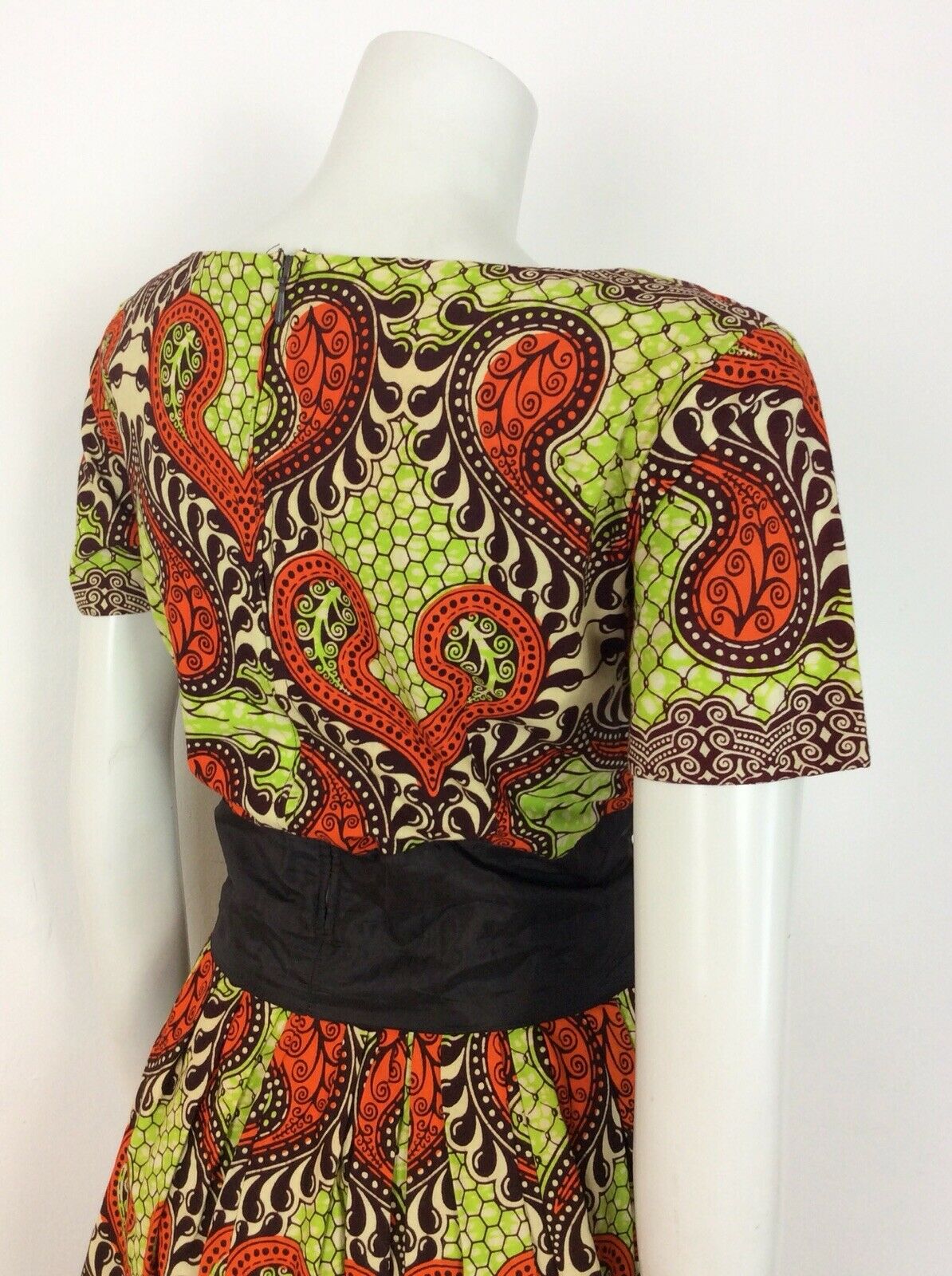 VINTAGE 60s 70s DRESS PSYCHEDELIC ANIMAL PRINT BATIK LIME GREEN ORANGE BLACK 14