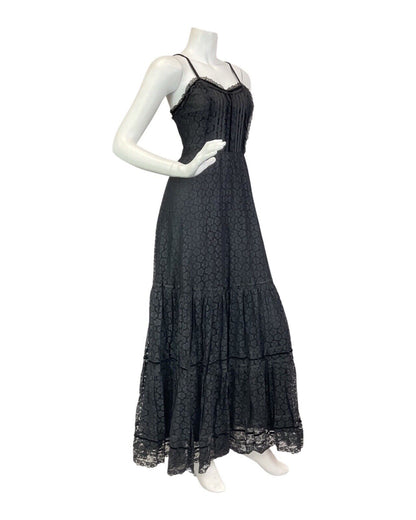 VINTAGE 70s 80s BLACK DAISY FLOWER LACE STRAPPY SUMMER COVEN BOHO MAXI DRESS 6