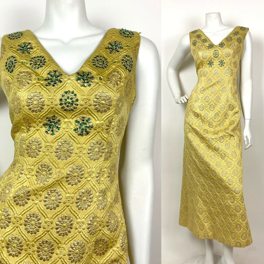 VINTAGE 60s 70s YELLOW GOLD GREEN FLORAL QUILTED STAR BEADED MAXI DRESS 8 10