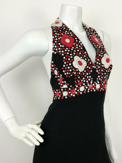 VTG 60s 70s BLACK RED WHITE SEQUIN DAISY FLOWER SHEER HALTER MAXI DRESS 6