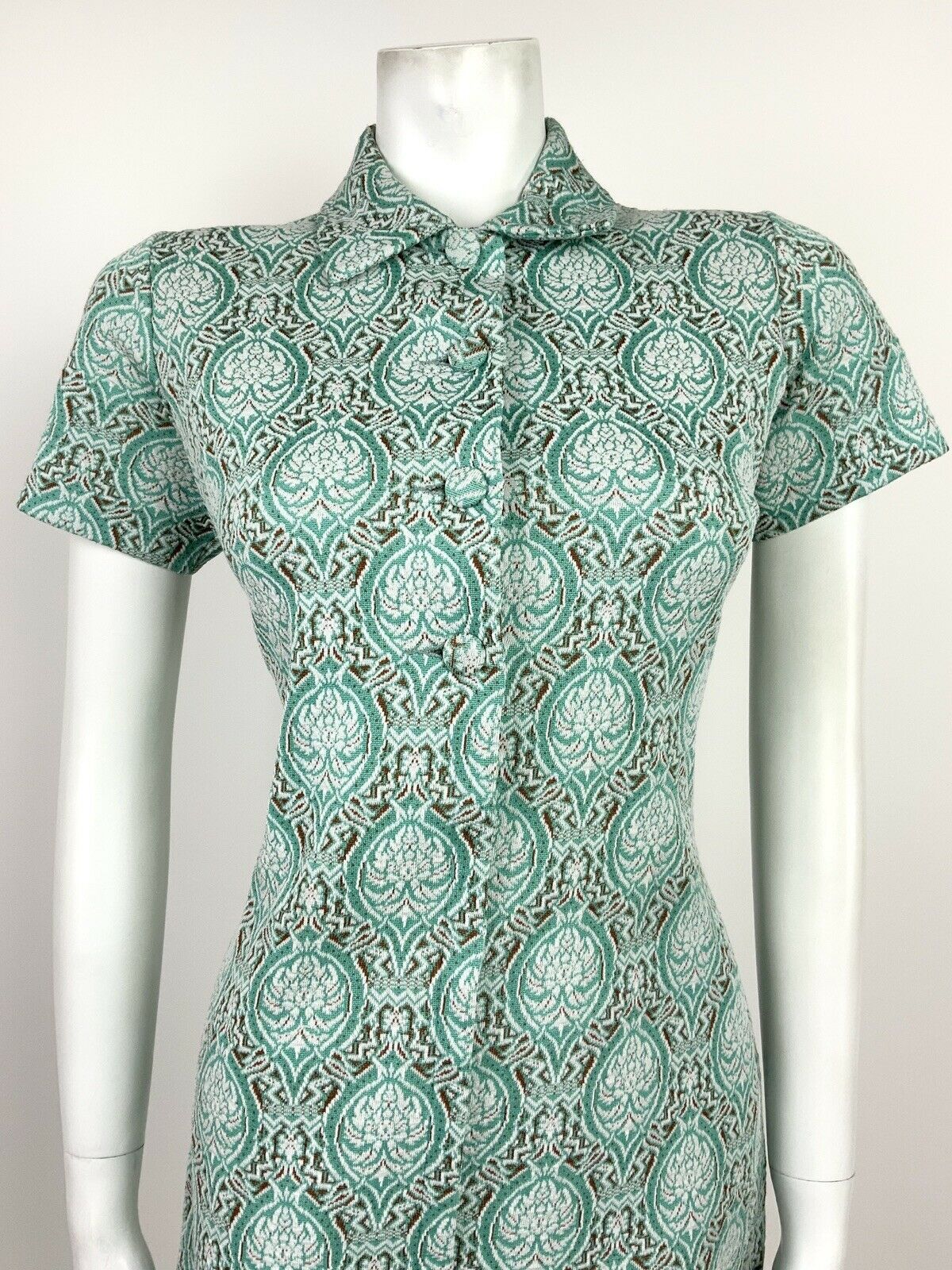 VTG 60s 70s MINT GREEN WHITE BROWN DAMASK ART NOUVEAU FLORAL COLLAR DRESS 12 14