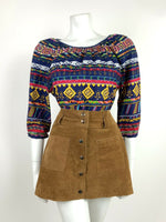 VTG 60s 70s BLUE YELLOW PINK AZTEC PSYCHEDELIC GEOMETRIC TRIBAL BLOUSE TOP 10 12