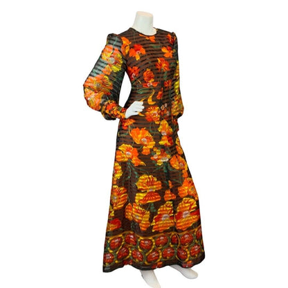 VINTAGE 60s 70s BLACK ORANGE RED SHEER STRIPED FLORAL MOD PSYCH MAXI DRESS 10