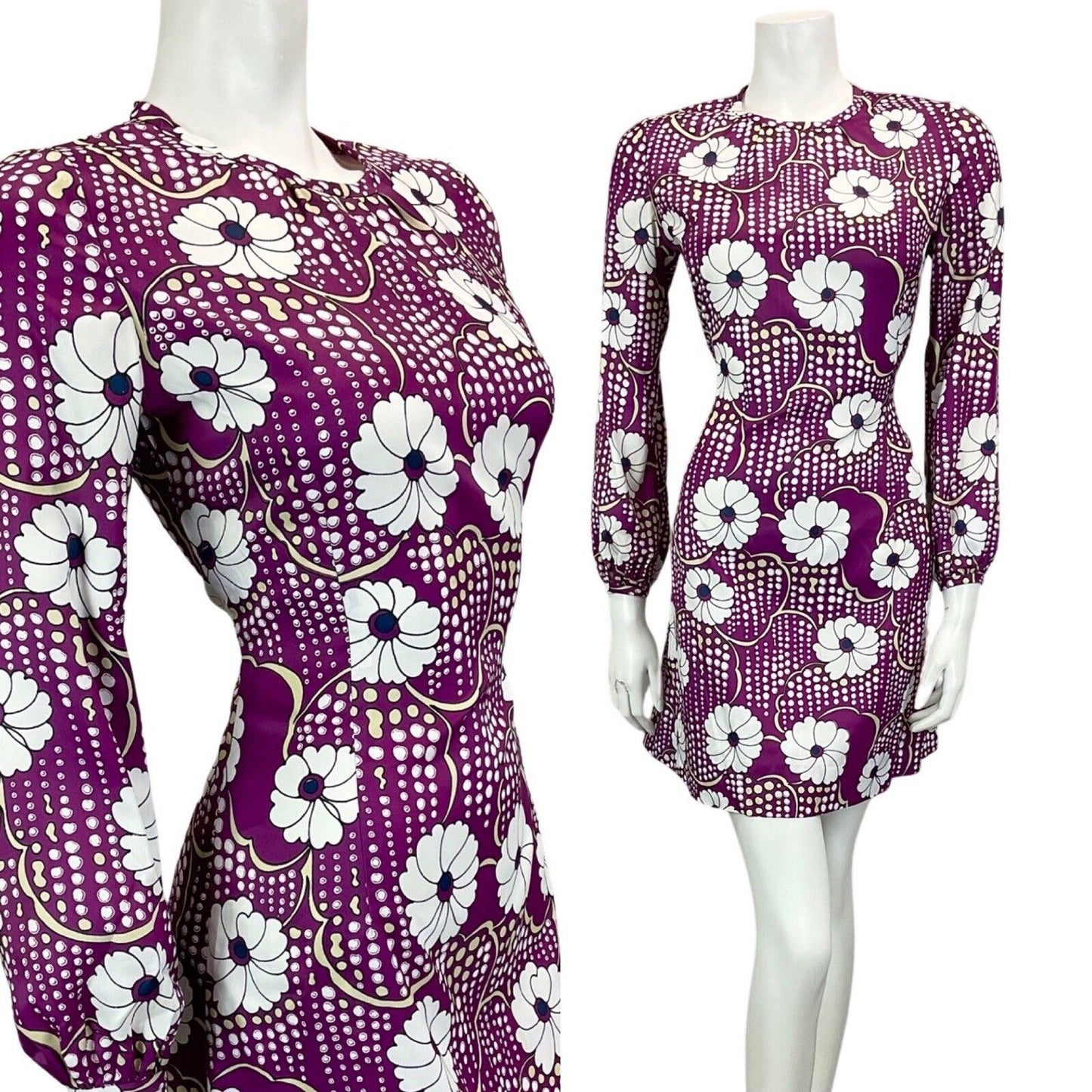 VINTAGE 60S 70S PURPLE WHITE FLORAL PRINT BOHO MOD MINI DRESS 10