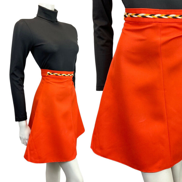 VINTAGE 60s 70s ORANGE BLACK WHITE BRAIDED MOD A-LINE SKIRT 4