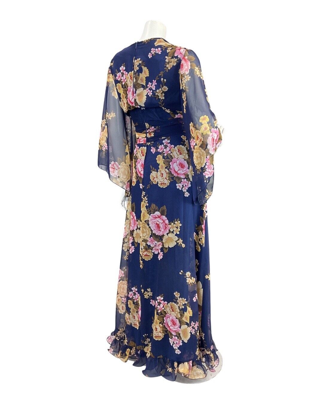 VINTAGE 60s 70s BLUE GOLD PINK FLORAL SHEER ANGEL SLEEVE FOLK BOHO MAXI DRESS 12