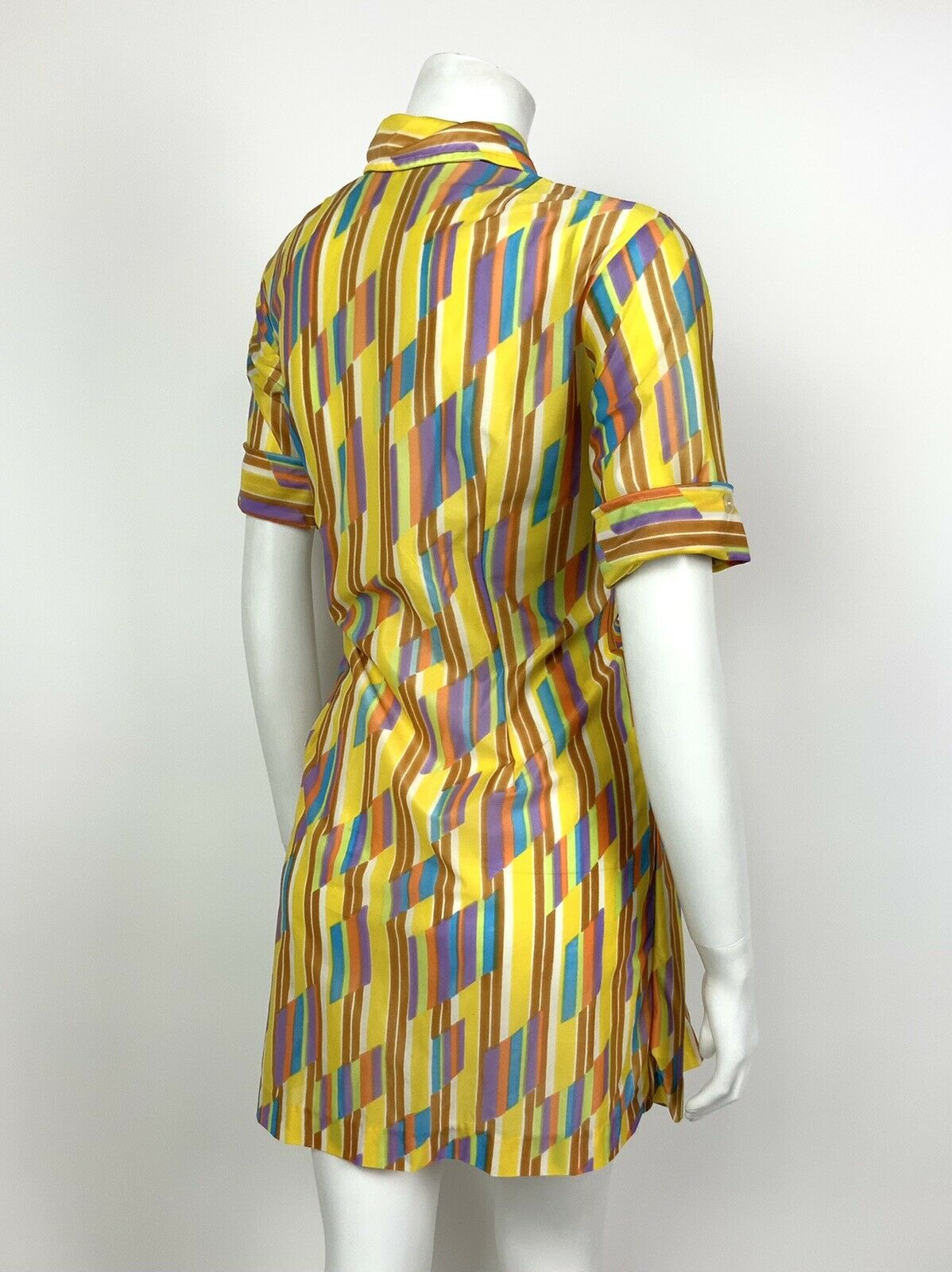 VINTAGE 60s 70s YELLOW WHITE PURPLE BLUE STRIPED DAGGER COLLAR SHIRT DRESS 10 12