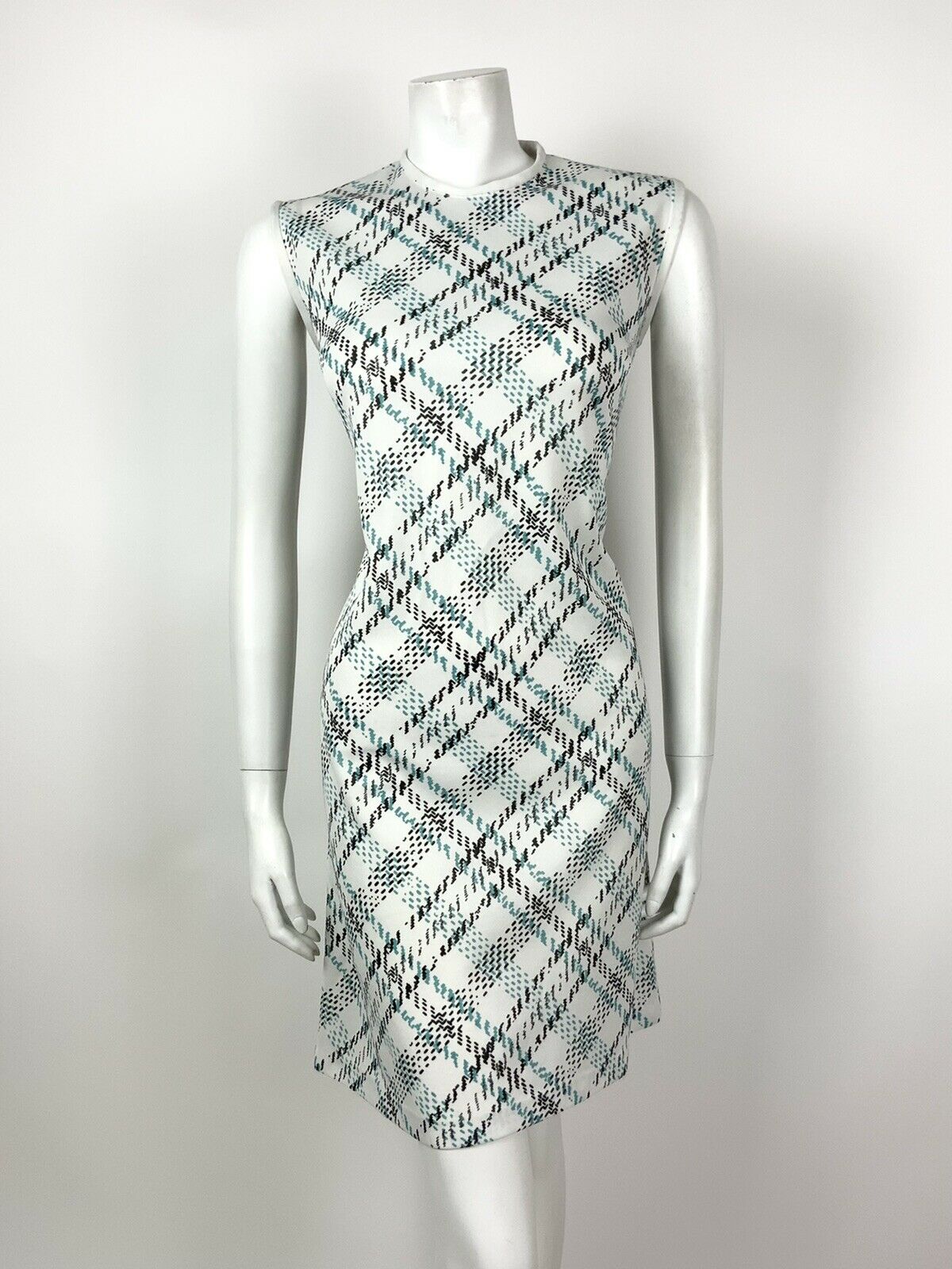 VINTAGE 60s 70s WHITE BLUE BLACK PLAID CHECKED MOD SLEEVELESS SHIFT DRESS 10 12