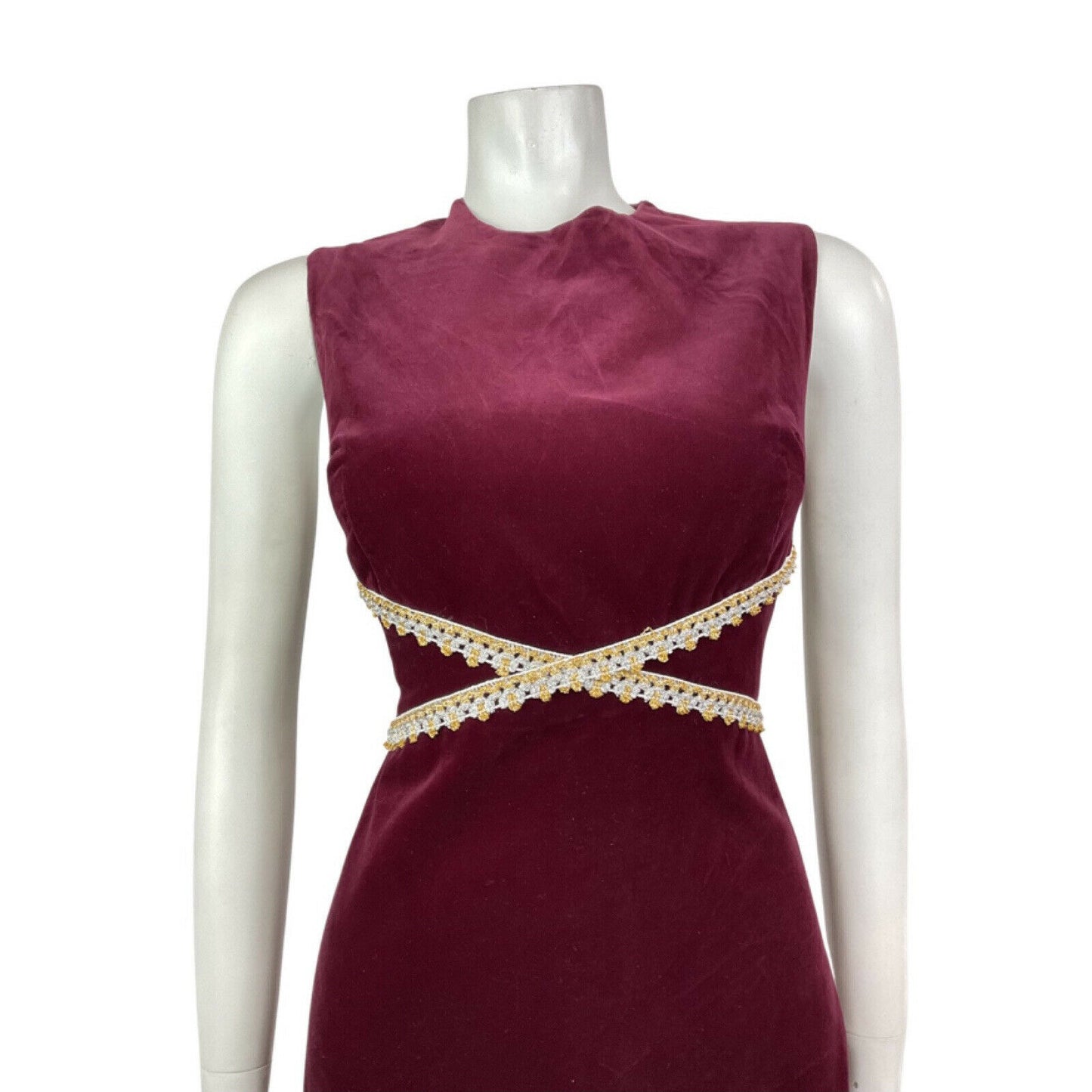 VINTAGE 60s 70s WINE RED SILVER GOLD VELVET SLEEVELESS PARTY GLAM DRESS 10