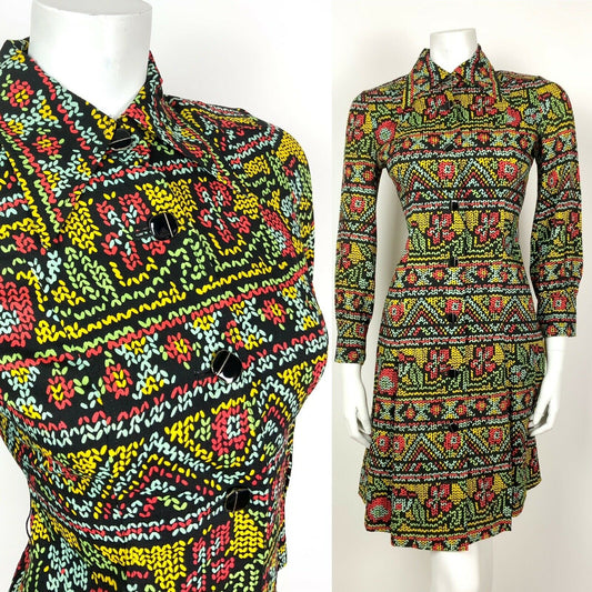 VTG 60 70s BLACK BLUE YELLOW RED FLORAL AZTEC FOLK GYPSY DAGGER SHIRT DRESS 8 10