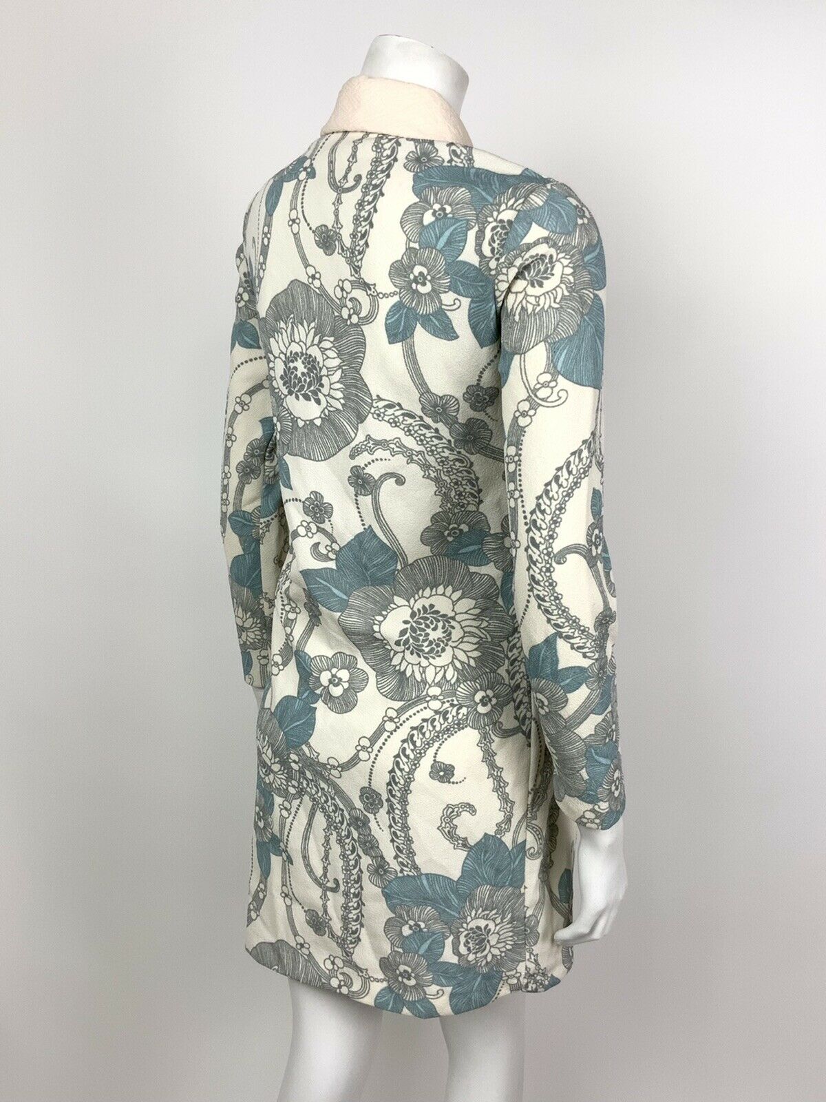 VTG MOD 60s 70s WHITE BLUE GREY FLORAL PSYCH ZIP-UP DAGGER DRESS 8 10