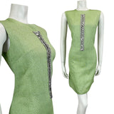 VINTAGE 60s 70s GREEN METALLIC SILVER MOD MINI PARTY CHRISTMAS EVENING DRESS 14