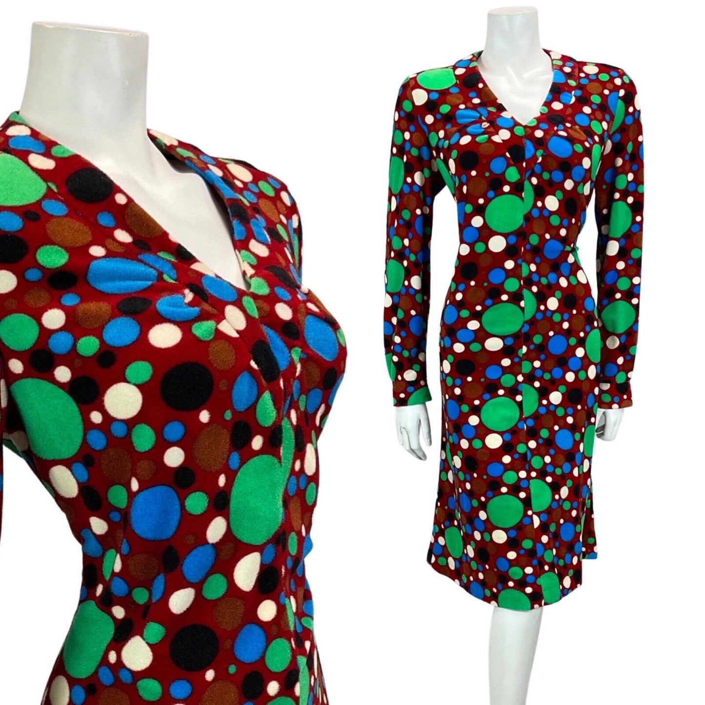 VTG 60S 70S BURGUNDY GREEN BLUE BLACK SPOTTY PSYCHEDELIC PRINT MIDI DRESS 12 14