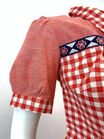 VTG 60s 70s RED WHITE BLUE GINGHAM FLORAL PUFF SLEEVE WESTERN MOD BLOUSE 14 16