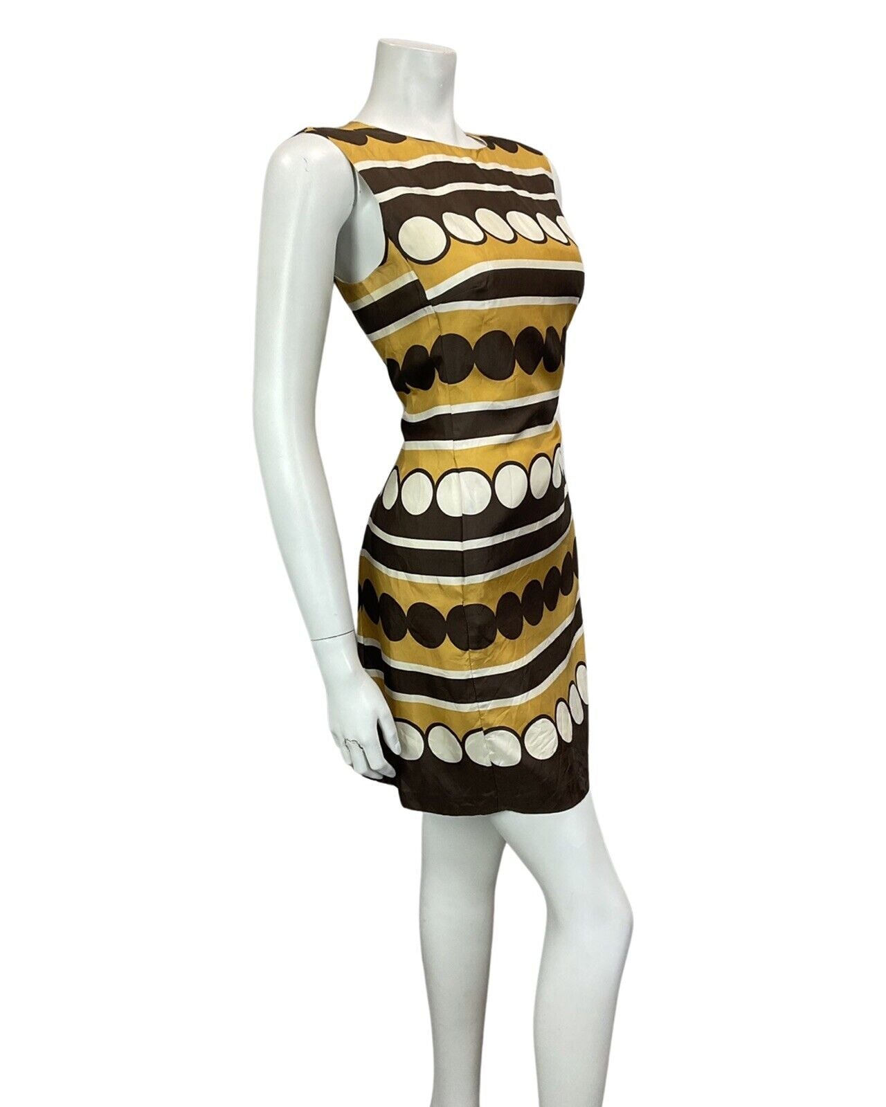 VINTAGE 60s 70s CREAM TAN BROWN PSYCHEDELIC SILK MINI MOD DRESS 10