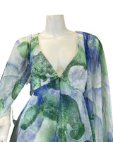 VINTAGE 60s 70s BLUE GREEN WHITE PSYCHEDELIC SHEER BOHO CAPE SLEEVE MAXI DRESS 8